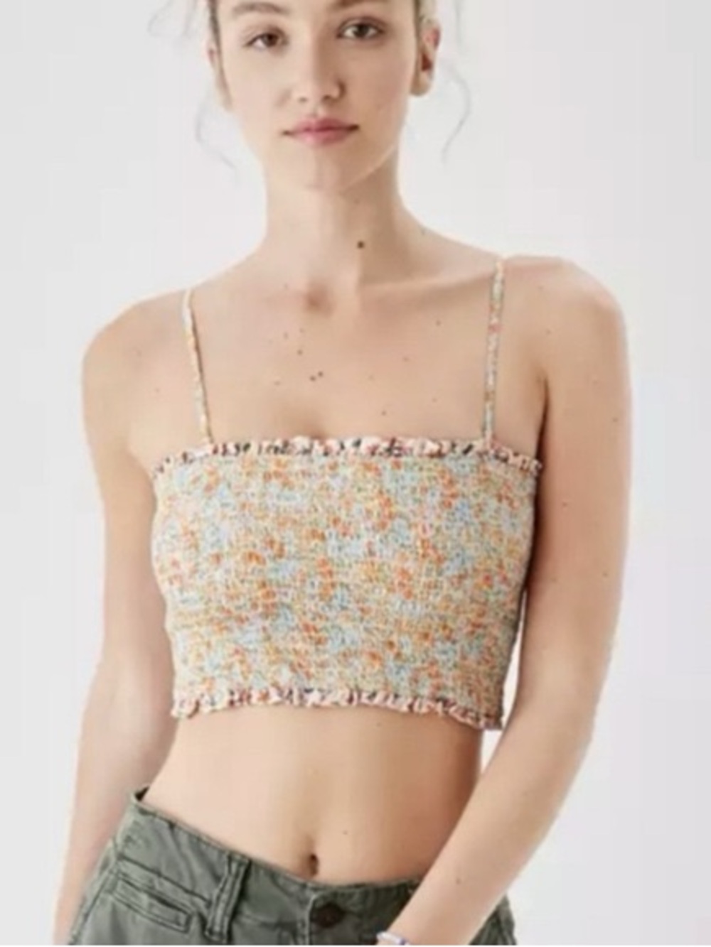 American Eagle Smocked Floral Floral Crop Top